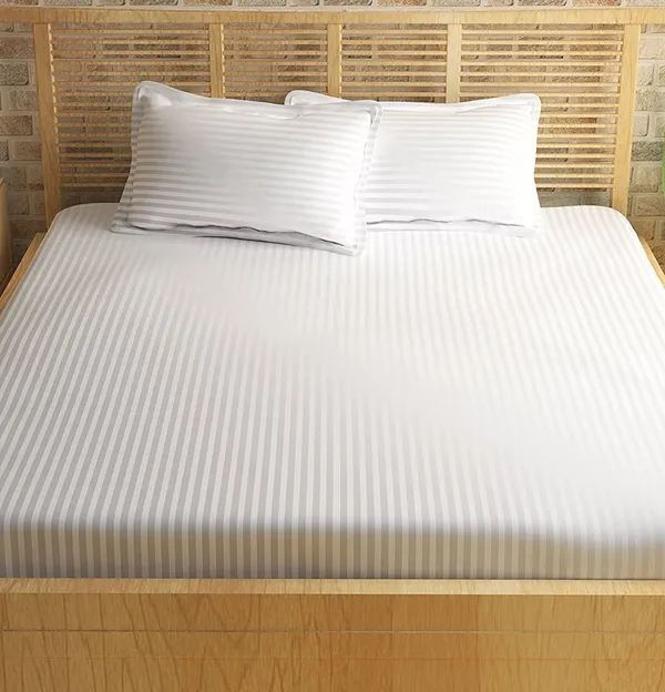 Solid_White_Self_Stripes_Pattern_Glace_Cotton_Bedsheet_|_Super_King_Size_|With_2_Pillow_Covers_|_107X118_Inch_|_240_TC