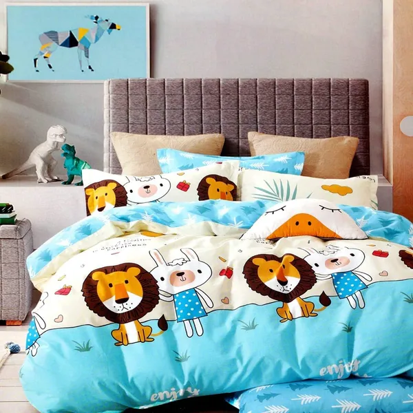 Enjoy_Today_Lion_Rabbit_Animal_Kids_Cartoon_Print_BedSheet_Double_Bed_With_2_Pillow_Covers