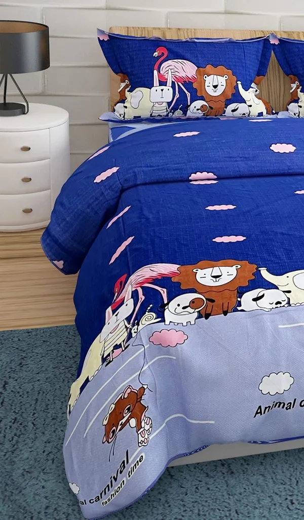 Flamingos_Animal_Carnival_Kids_Cartoon_Print_BedSheet_Double_Bed_With_2_Pillow_Covers