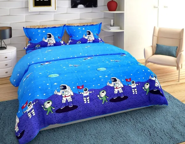 Astronaut_Science_Theme_Kids_Cartoon_Print_BedSheet_Double_Bed_With_2_Pillow_Covers
