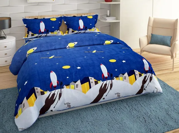 Blue_Night_Space_Rocket_Science_Theme_Kids_Cartoon_Print_BedSheet_Double_Bed_With_2_Pillow_Covers