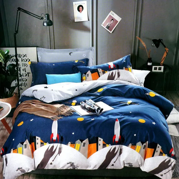 Blue_Night_Space_Rocket_Science_Theme_Kids_Cartoon_Print_BedSheet_Double_Bed_With_2_Pillow_Covers