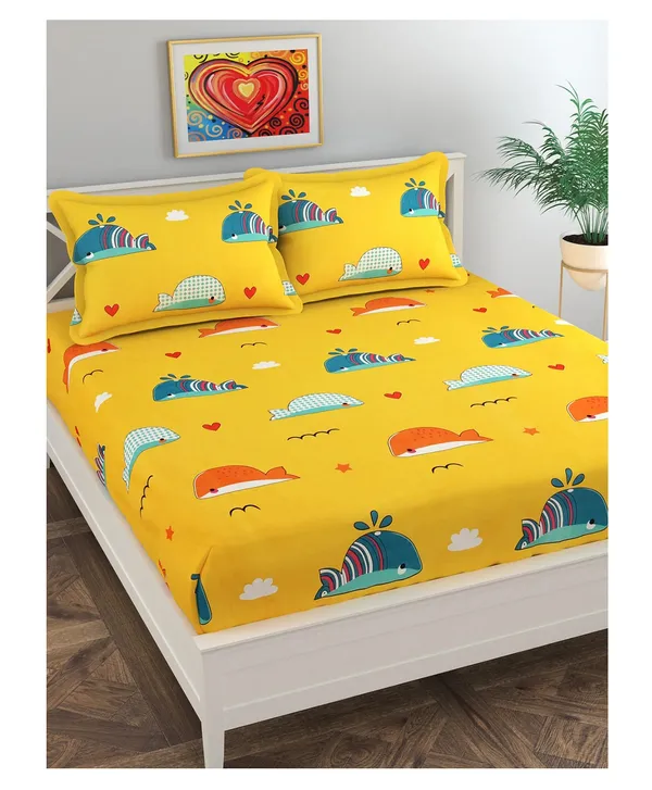 Yellow_whale_Kids_Cartoon_Print_BedSheet_Double_Bed_With_2_Pillow_Covers