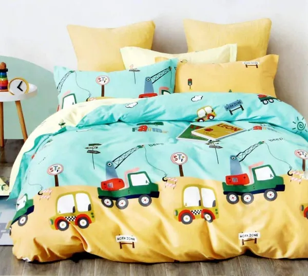 Car_Crane_Print_Kids_Cartoon_BedSheet_Double_Bed_With_2_Pillow_Covers