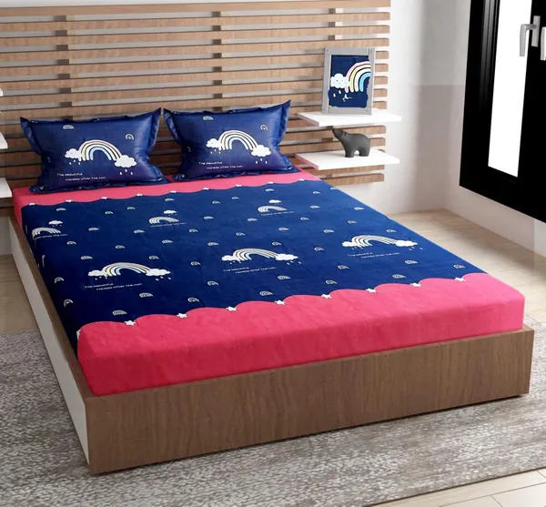 Rainbow_Blue_Kids_Cartoon_Print_BedSheet_Double_Bed_With_2_Pillow_Covers