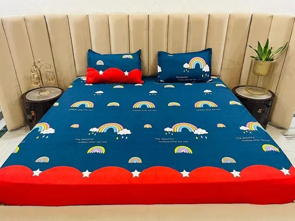 Rainbow_Blue_Kids_Cartoon_Print_BedSheet_Double_Bed_With_2_Pillow_Covers