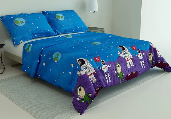 Blue_Astronaut_Science_Theme_Kids_Cartoon_Print_BedSheet_Double_Bed_With_2_Pillow_Covers