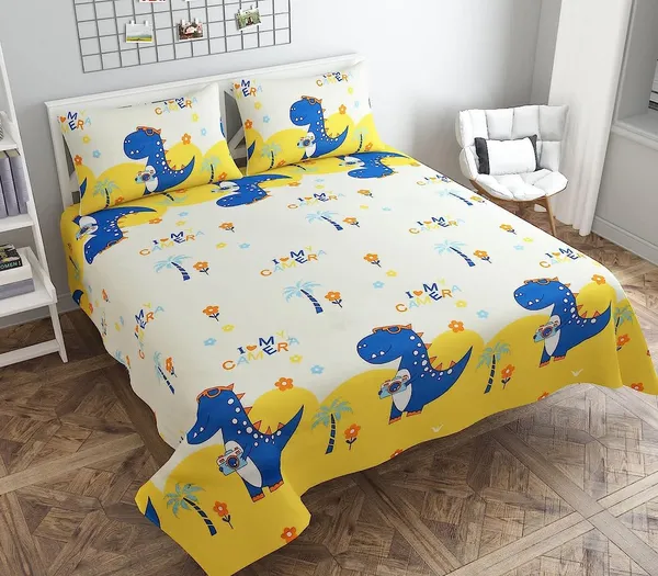Dinosaur_Yellow_Kids_Cartoon_Print_BedSheet_Double_Bed_With_2_Pillow_Covers