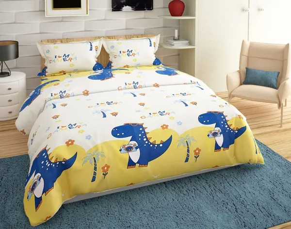 Dinosaur_Yellow_Kids_Cartoon_Print_BedSheet_Double_Bed_With_2_Pillow_Covers