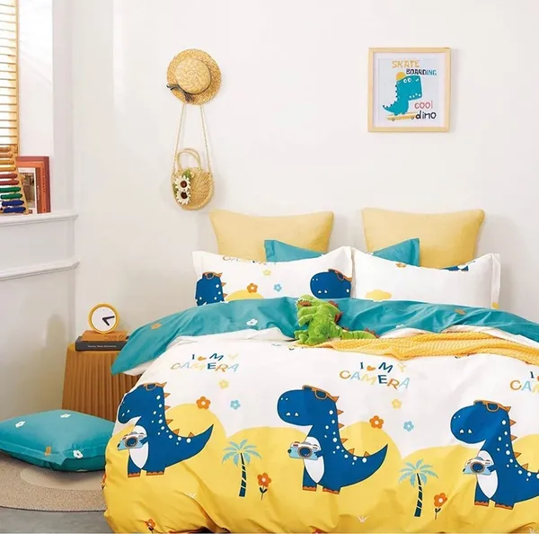 Dinosaur_Yellow_Kids_Cartoon_Print_BedSheet_Double_Bed_With_2_Pillow_Covers