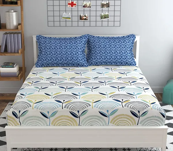 White_Blue_Glace_Cotton_Bedsheet_|_Super_King_Size_|_With_2_Pillow_Covers_|_108X120_Inch|_240_TC