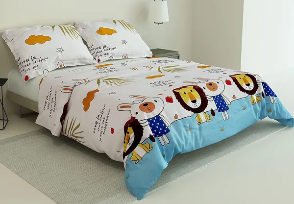 Lion_Rabbit_Animal_Kids_Cartoon_Print_BedSheet_Double_Bed_With_2_Pillow_Covers