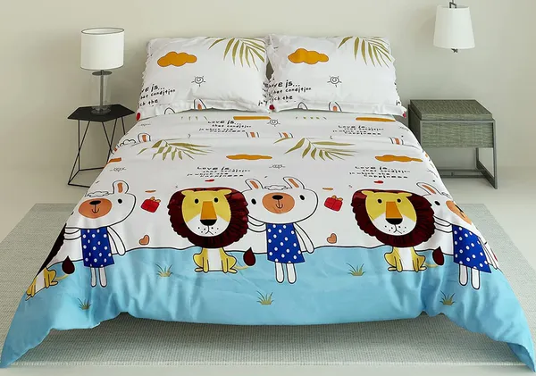 Lion_Rabbit_Animal_Kids_Cartoon_Print_BedSheet_Double_Bed_With_2_Pillow_Covers