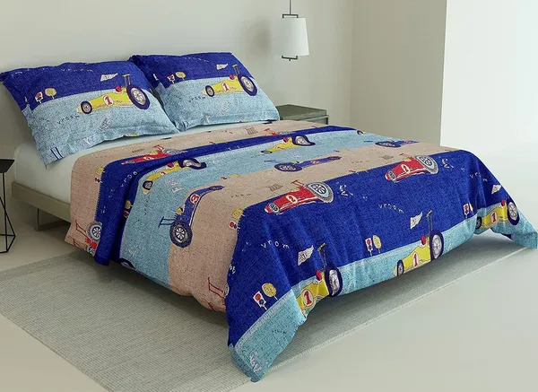 F1_Car_Racing_Kids_Cartoon_Print_BedSheet_Double_Bed_With_2_Pillow_Covers