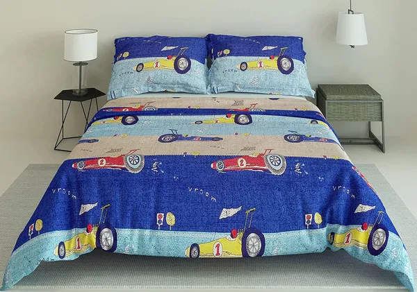 F1_Car_Racing_Kids_Cartoon_Print_BedSheet_Double_Bed_With_2_Pillow_Covers