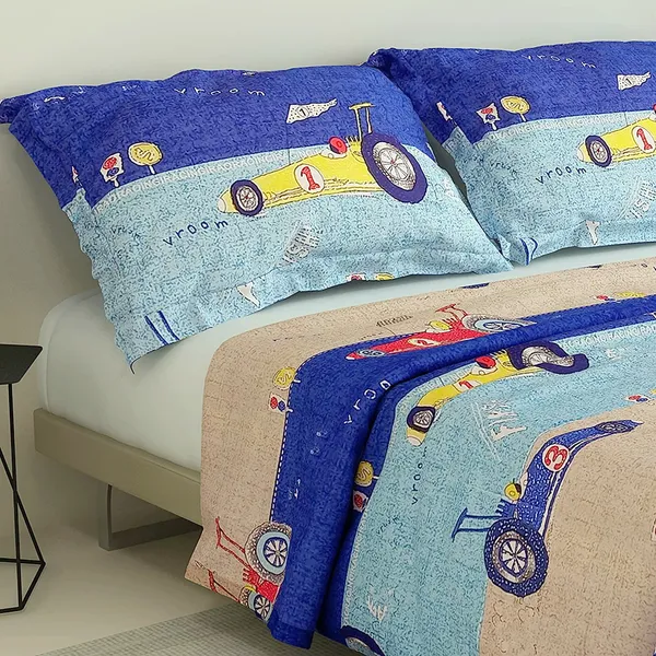F1_Car_Racing_Kids_Cartoon_Print_BedSheet_Double_Bed_With_2_Pillow_Covers