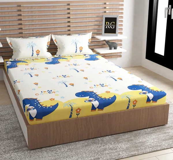 Love_Camera_Dinosaur_Yellow_Kids_Cartoon_Print_BedSheet_Double_Bed_With_2_Pillow_Covers