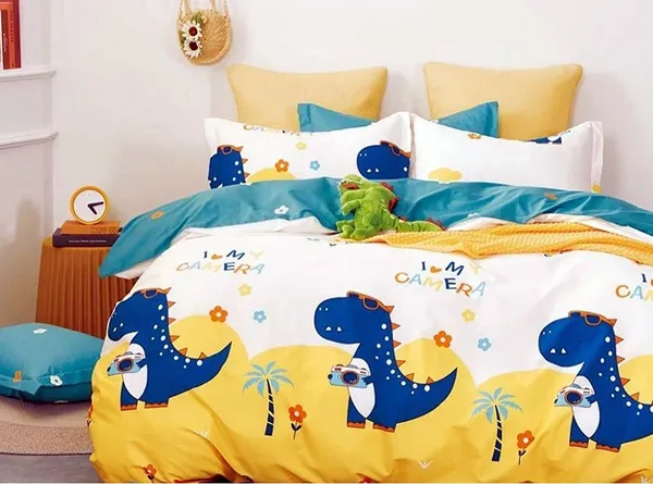Love_Camera_Dinosaur_Yellow_Kids_Cartoon_Print_BedSheet_Double_Bed_With_2_Pillow_Covers