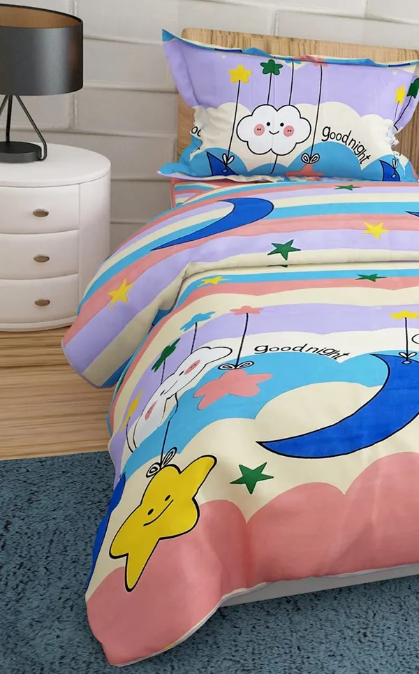 Moon_Star_Yellow_Kids_Cartoon_Print_BedSheet_Double_Bed_With_2_Pillow_Covers