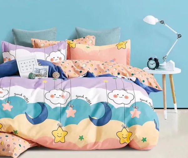 Moon_Star_Yellow_Kids_Cartoon_Print_BedSheet_Double_Bed_With_2_Pillow_Covers