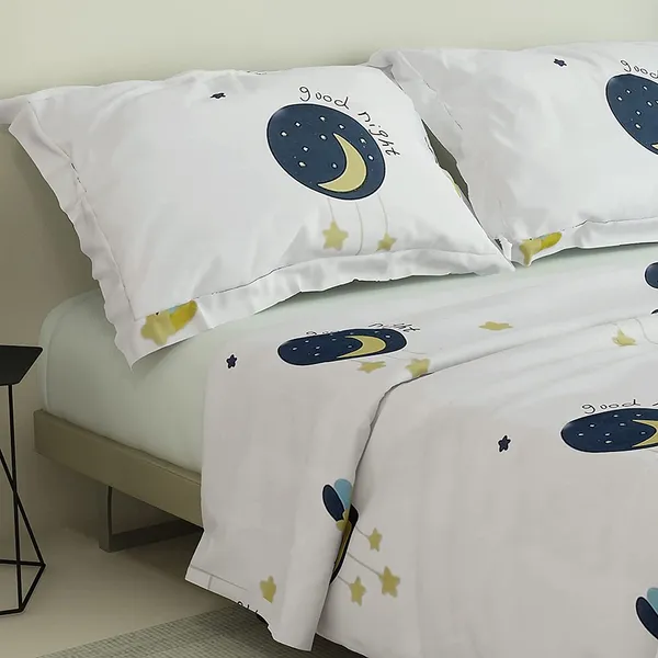 White_Moon_Star_Kids_Cartoon_Print_BedSheet_Double_Bed_With_2_Pillow_Covers
