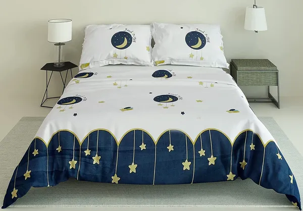 White_Moon_Star_Kids_Cartoon_Print_BedSheet_Double_Bed_With_2_Pillow_Covers