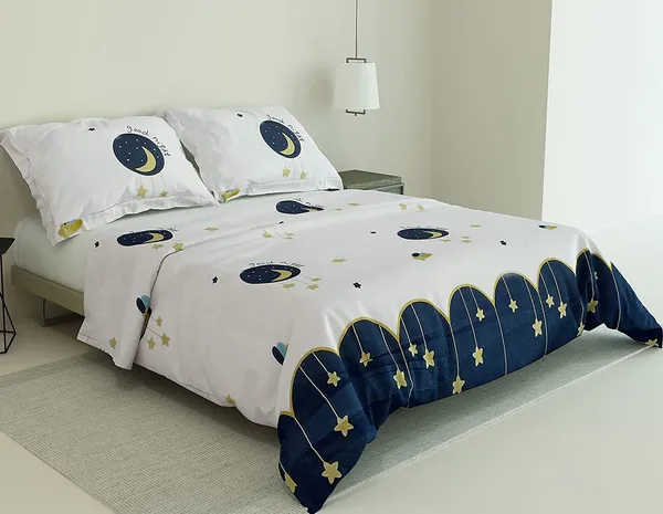 White_Moon_Star_Kids_Cartoon_Print_BedSheet_Double_Bed_With_2_Pillow_Covers