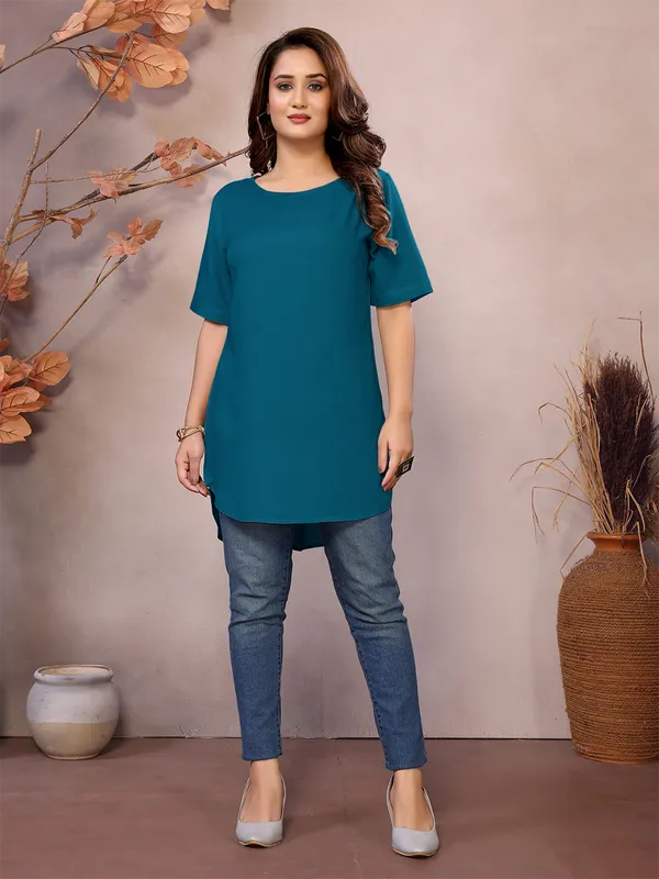 Teal_Pure_Viscose_Boat_Neck_Hip_Length_Half_Sleeve_Tunic_For_Women