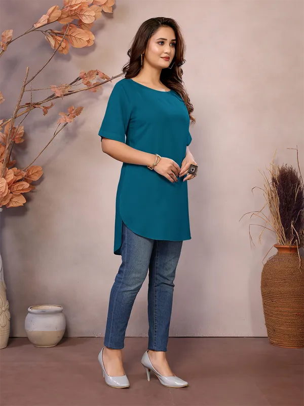 Teal_Pure_Viscose_Boat_Neck_Hip_Length_Half_Sleeve_Tunic_For_Women