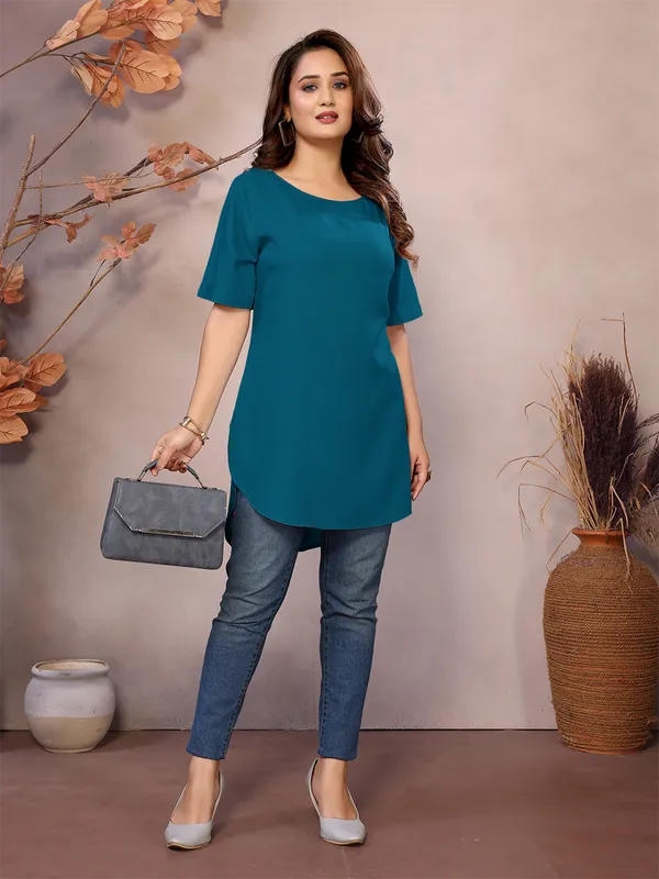 Teal_Pure_Viscose_Boat_Neck_Hip_Length_Half_Sleeve_Tunic_For_Women