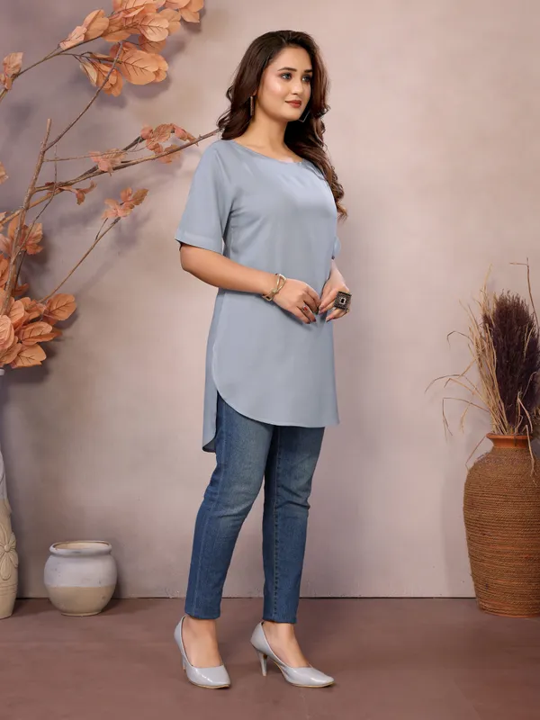 Steel_Pure_Viscose_Boat_Neck_Hip_Length_Half_Sleeve_Tunic_For_Women