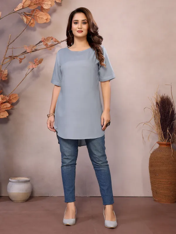 Steel_Pure_Viscose_Boat_Neck_Hip_Length_Half_Sleeve_Tunic_For_Women