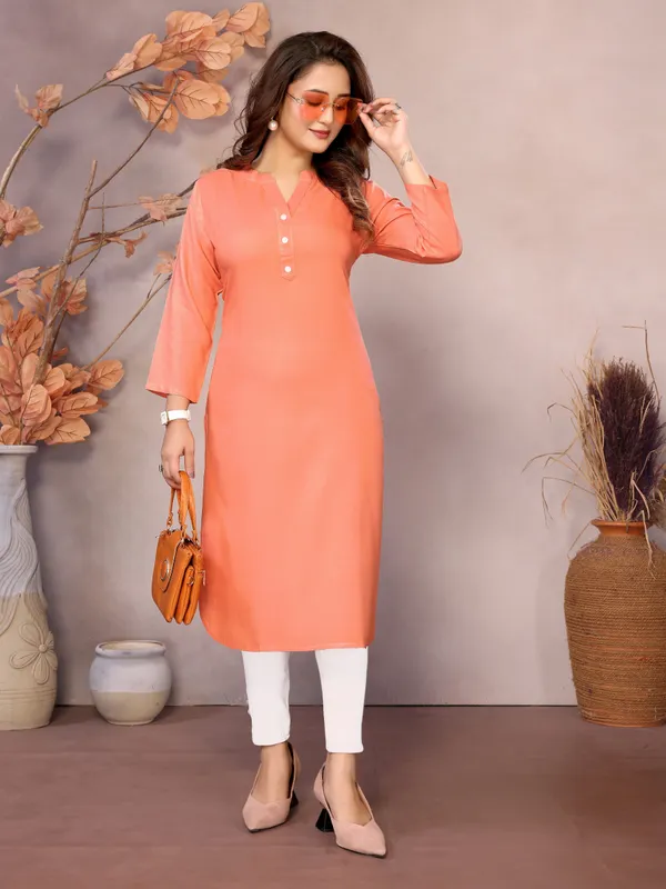 Peach_Pure_Viscose_Mandarin_V-Neck_Neck_Long_Knee_Length_3/4_Sleeve_Kurti_For_Women