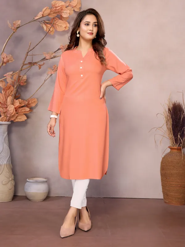 Peach_Pure_Viscose_Mandarin_V-Neck_Neck_Long_Knee_Length_3/4_Sleeve_Kurti_For_Women