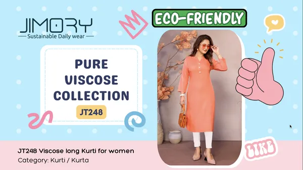 Pista_Pure_Viscose_Mandarin_V-Neck_Neck_Long_Knee_Length_3/4_Sleeve_Kurti_For_Women