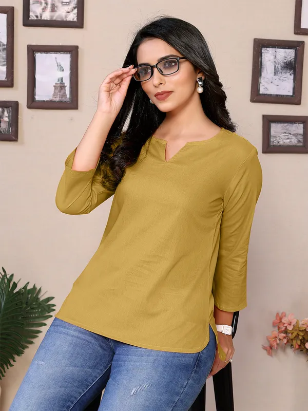 Beige_Cotton_Round_V-Neck_Neck_Hip_Length_3/4_Sleeve_Tunic_For_Women