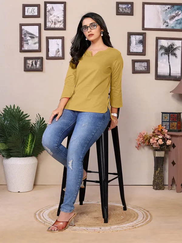 Beige_Cotton_Round_V-Neck_Neck_Hip_Length_3/4_Sleeve_Tunic_For_Women