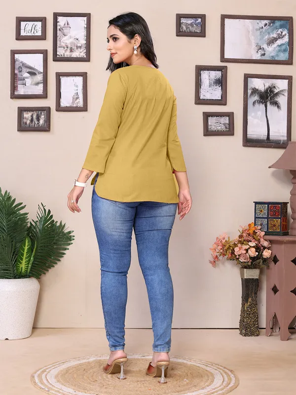 Beige_Cotton_Round_V-Neck_Neck_Hip_Length_3/4_Sleeve_Tunic_For_Women