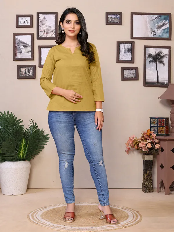 Beige_Cotton_Round_V-Neck_Neck_Hip_Length_3/4_Sleeve_Tunic_For_Women