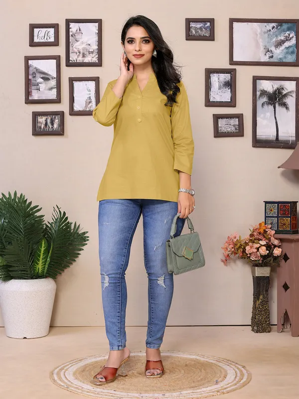Beige_Cotton_Mandarin_V-Neck_Neck_Hip_Length_Full_Sleeve_Tunic_For_Women