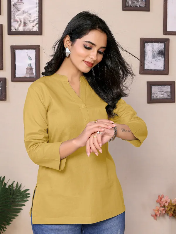 Beige_Cotton_Mandarin_V-Neck_Neck_Hip_Length_Full_Sleeve_Tunic_For_Women