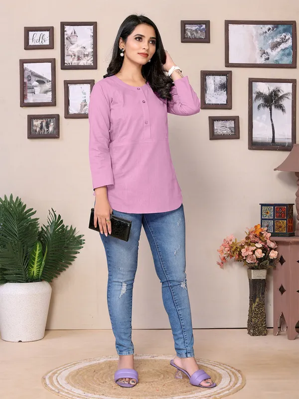 Baby_Pink_Cotton_Round_Neck_Hip_Length_Full_Sleeve_Tunic_For_Women
