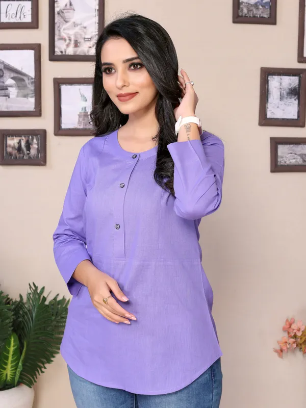 Lavender_Cotton_Round_Mandarin_Neck_Hip_Length_3/4_Sleeve_Tunic_For_Women