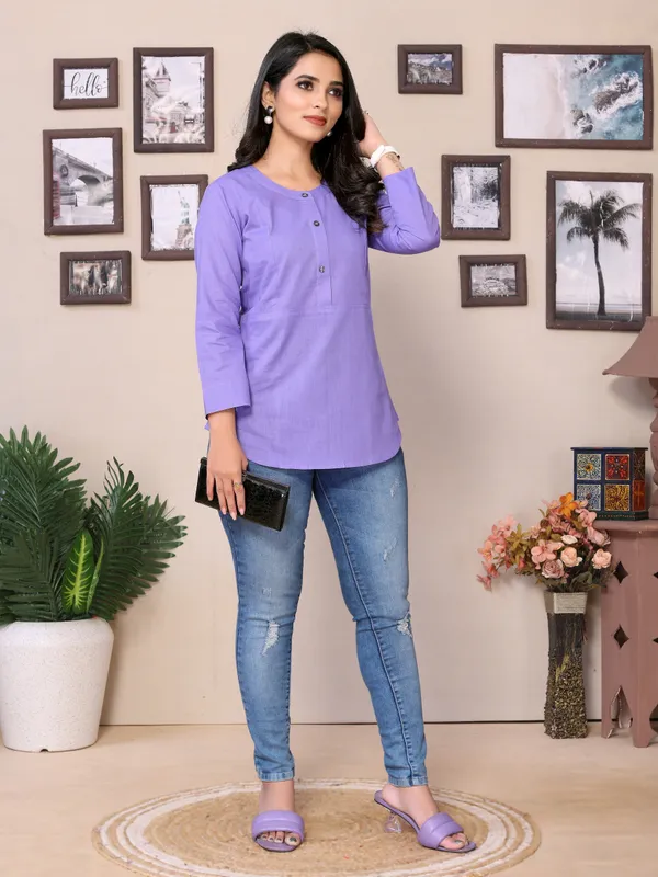 Lavender_Cotton_Round_Mandarin_Neck_Hip_Length_3/4_Sleeve_Tunic_For_Women