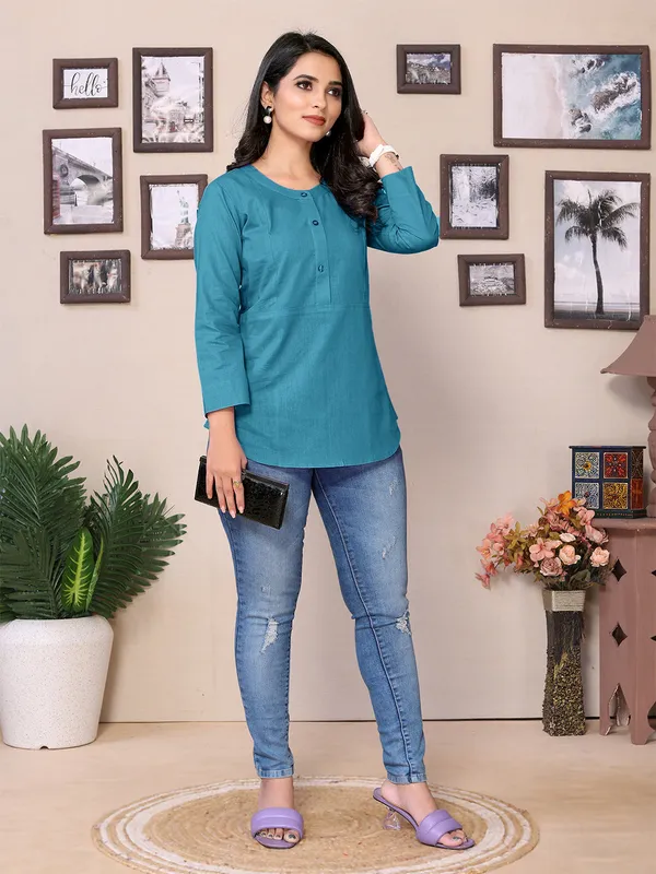 Teal_Blue_Cotton_Round_Mandarin_Neck_Hip_Length_3/4_Sleeve_Tunic_For_Women