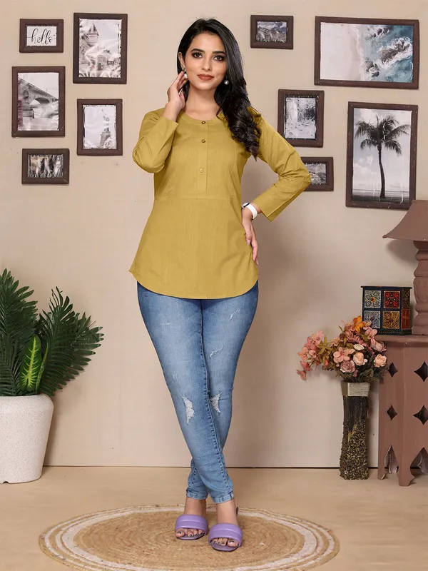 Beige_Cotton_Round_Mandarin_Neck_Hip_Length_3/4_Sleeve_Tunic_For_Women