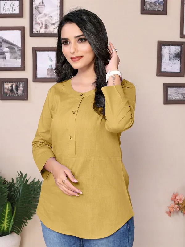 Beige_Cotton_Round_Mandarin_Neck_Hip_Length_3/4_Sleeve_Tunic_For_Women