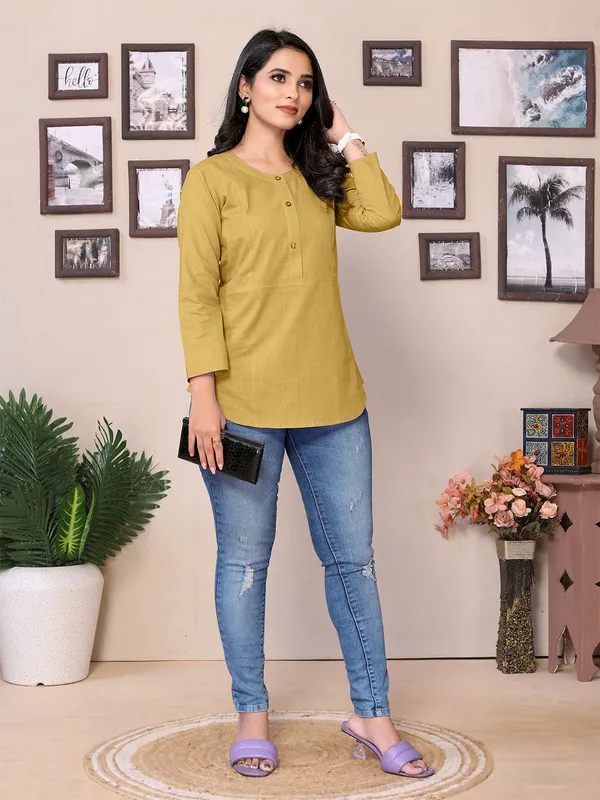 Beige_Cotton_Round_Mandarin_Neck_Hip_Length_3/4_Sleeve_Tunic_For_Women