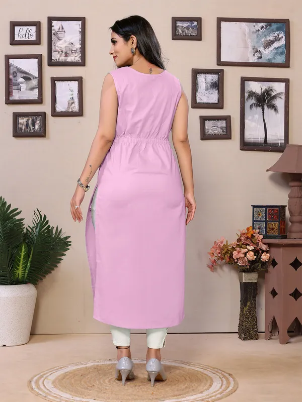 Baby_Pink_Cotton_Mandarin_Neck_Knee_Length_3/4_Sleeve_Kurti_For_Women