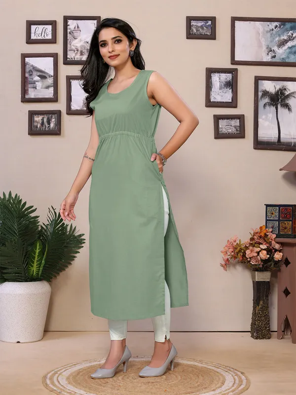 Pista_Cotton_Mandarin_Neck_Knee_Length_3/4_Sleeve_Kurti_For_Women